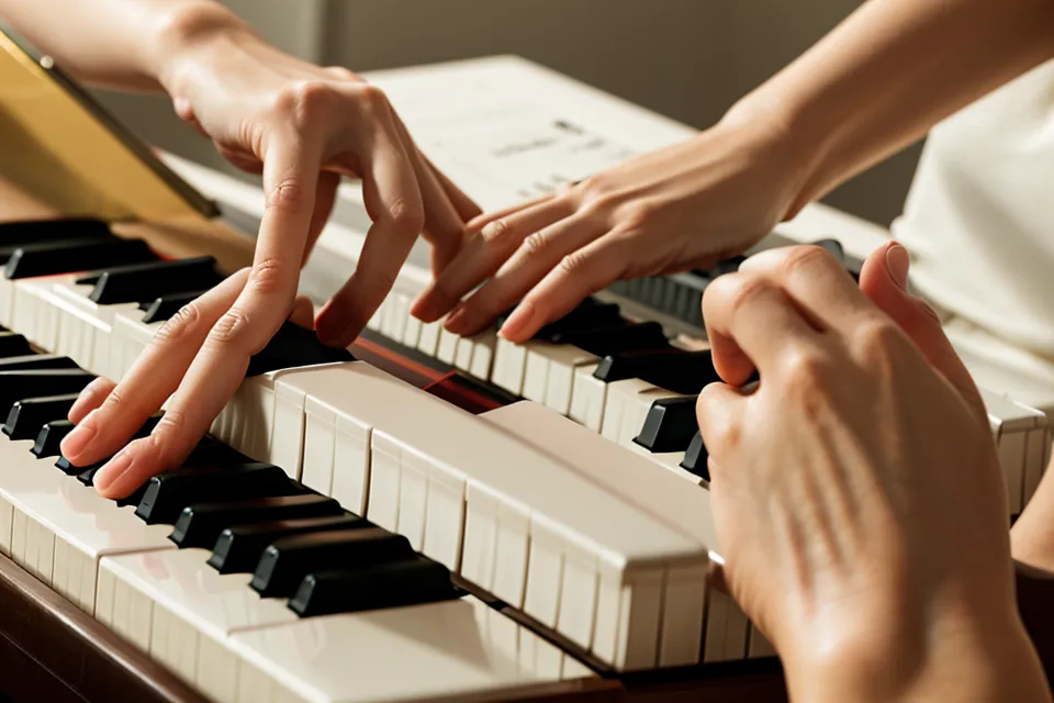 Primer plano de manos tocando las teclas con textura del Casio CDP-S110.