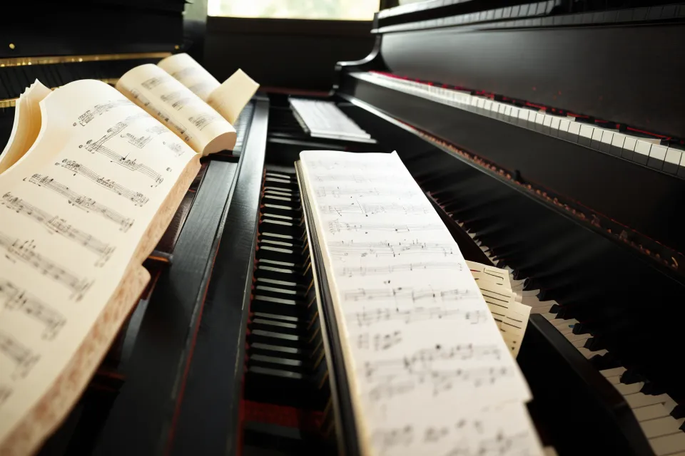 Himnario abierto sobre el atril de un piano digital durante una tarde de práctica.