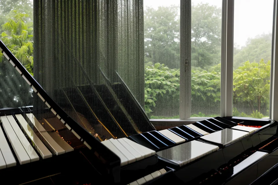 Vista desde el asiento del piano hacia la lluvia en Cali con un tinto caliente.