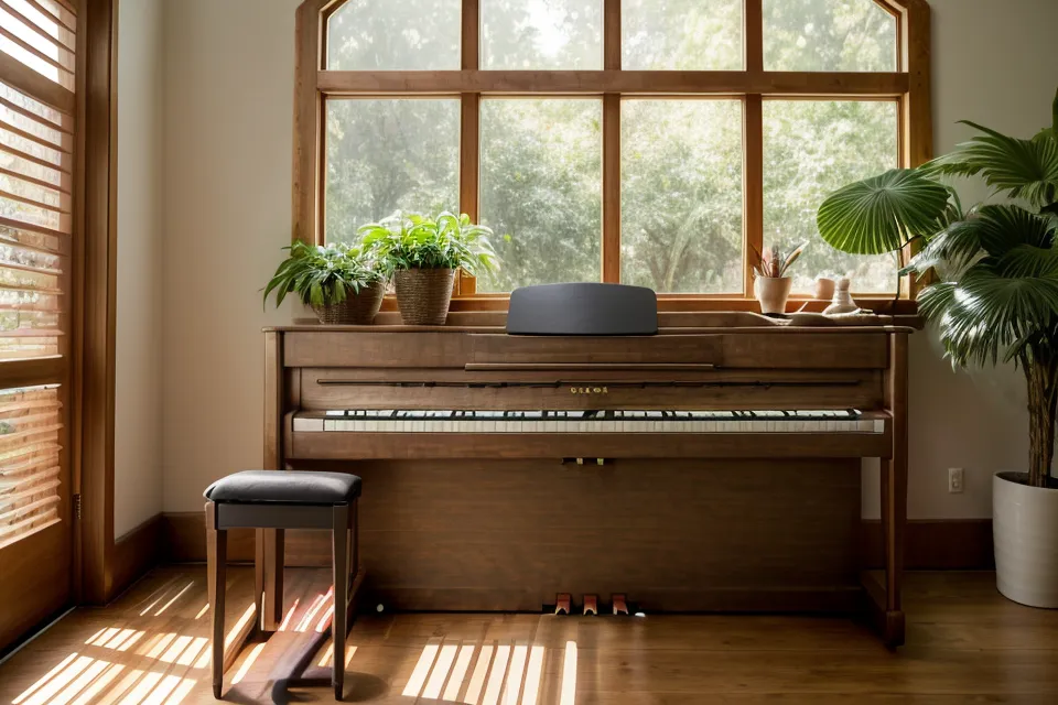 Curso de piano cristiano desde cero abierto en el laptop, junto al teclado digital en casa