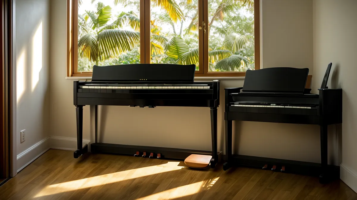Piano digital con himnario de himnos cristianos abierto, práctica de piano autodidacta en casa en Cali