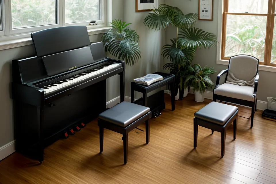 Primer plano de un himnario de himnos cristianos abierto sobre las teclas de un piano, aprendizaje autodidacta en casa