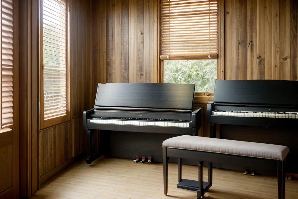 Pedal de resonancia de un piano digital sobre baldosa, parte del aprendizaje de piano en casa en Cali