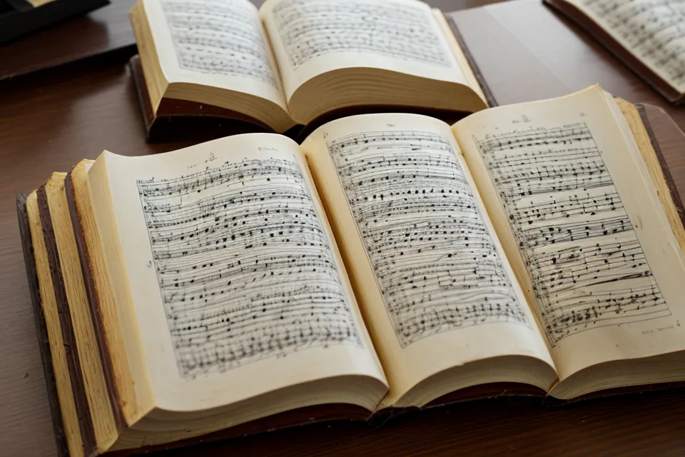 Himnario antiguo abierto con un clip sujetando las páginas, ejemplo de transposición de piano para himnos y coros