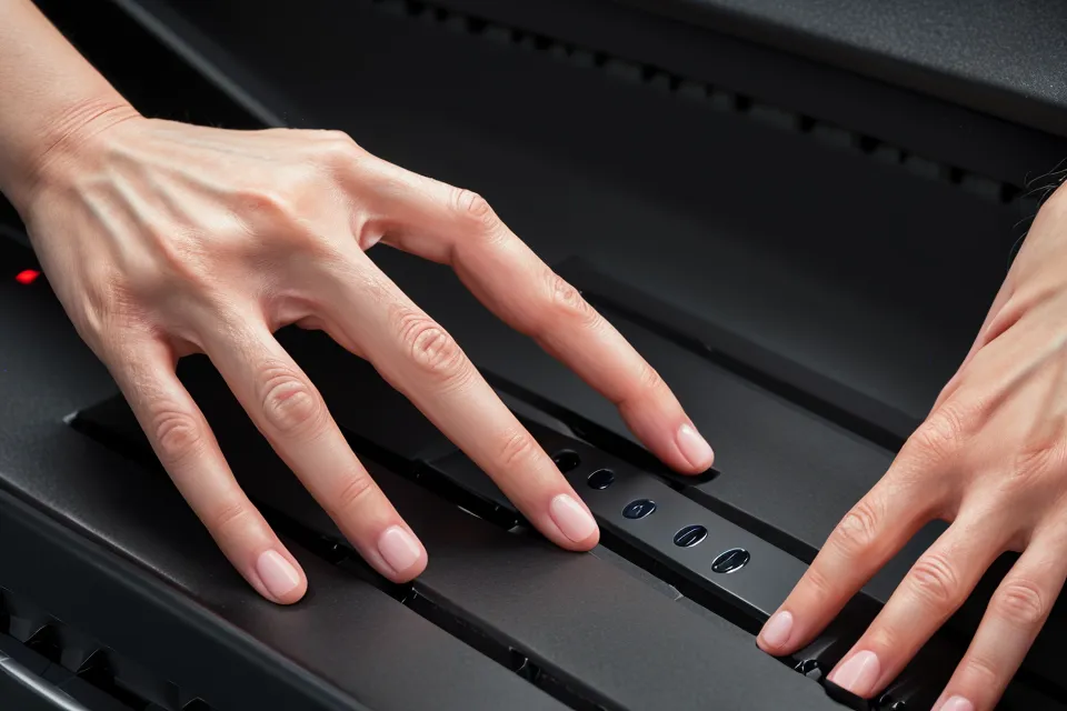 Mano presionando el botón de función Transpose en un piano Casio CDP-S110 para cambiar el tono de un himno cristiano
