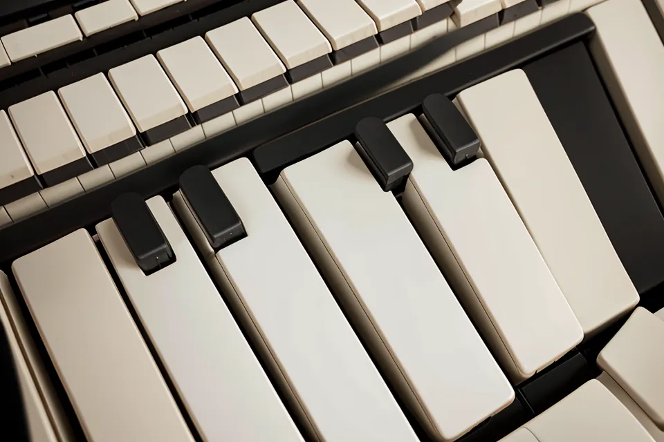Teclas de piano junto a un cuaderno con anotaciones de acordes, apuntes básicos de teoría musical para principiantes