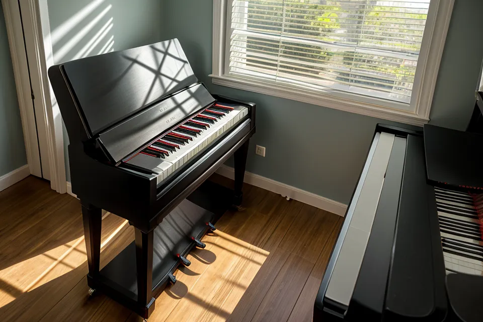 Detalle de las teclas de un piano digital con gafas y lápiz de práctica listos para anotar el cifrado inglés
