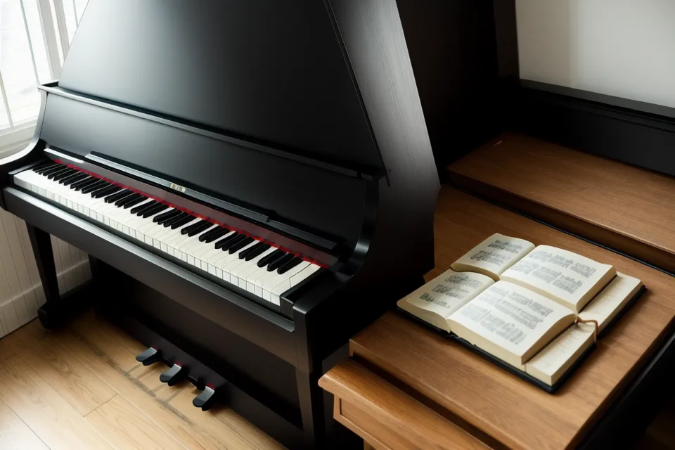 Cancionero cristiano abierto junto al piano digital durante una grabación casera de principiante