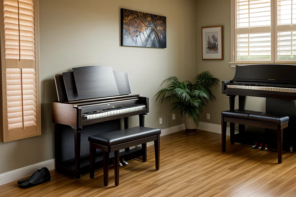 Piano digital Casio CDP-S110 organizado sobre la mesa del comedor en un apartamento pequeño de techos altos