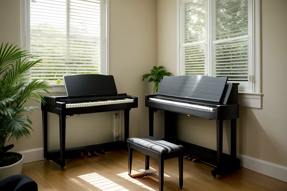 Piano digital ubicado como divisor de espacios en un apartamento pequeño de techos altos