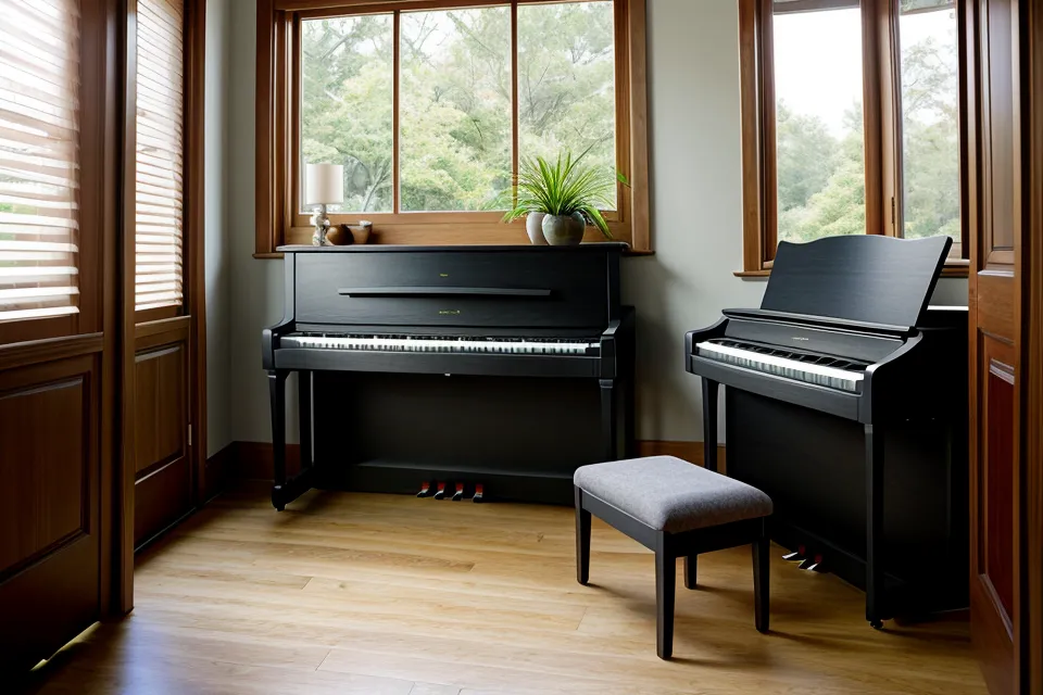Repisas y arte vertical sobre un piano digital para aprovechar un techo alto en un apartamento pequeño