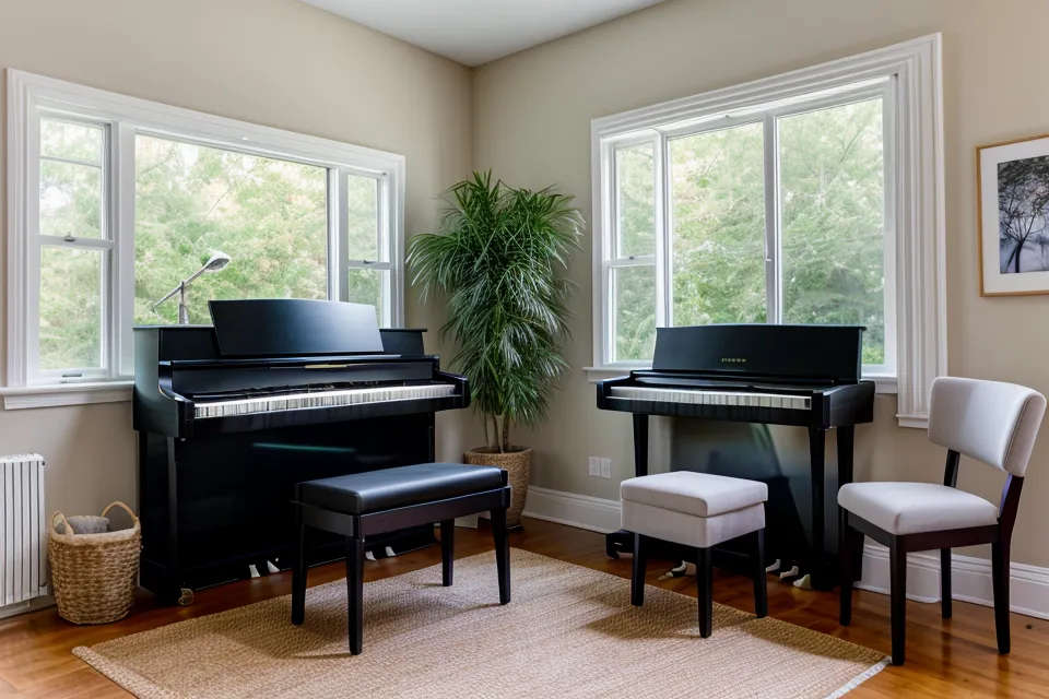 Himnario de Gloria y Triunfo abierto sobre un piano digital, práctica de piano para principiantes en casa