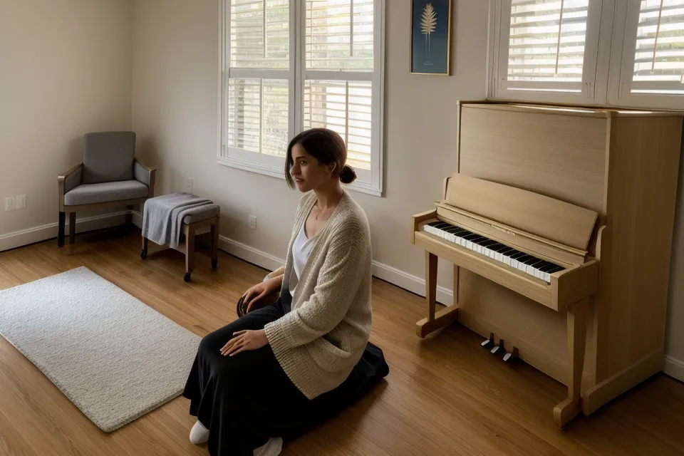 Manos de una principiante sobre las teclas de un piano digital, con el himnario de Gloria y Triunfo abierto en una página de acordes