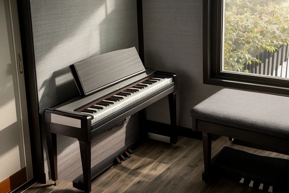 Piano digital cubierto con un forro de tela transpirable para protegerlo de la humedad del clima tropical en Cali