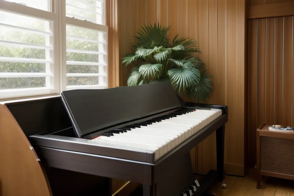 Acompañamiento de piano cristiano para himnos clásicos: cancionero de iglesia abierto junto a un teclado digital