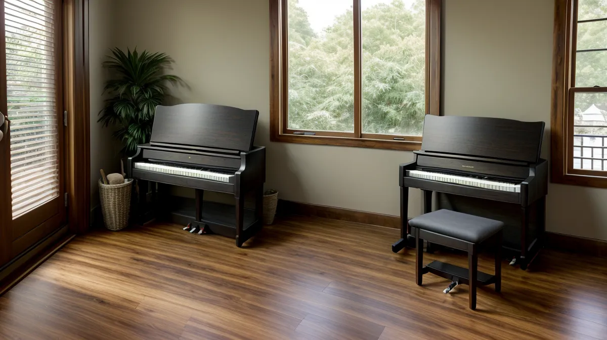 Acordes de piano para música cristiana: manos sobre un piano digital tocando un acorde sencillo en la mesa del comedor