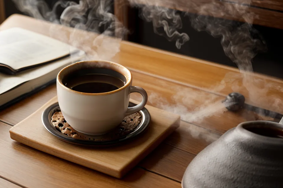 Taza de café junto a un cuaderno con notas sobre inversiones de acordes de piano, parte del diario de piano los domingos en Cali