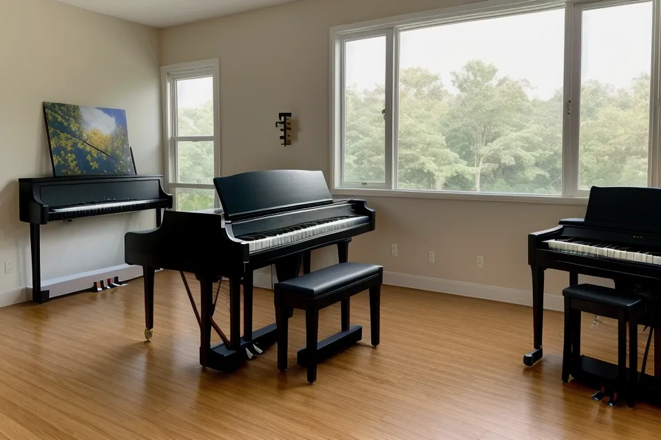 Mano sobre piano digital junto a un himnario antiguo, práctica de himnos cristianos para piano principiantes