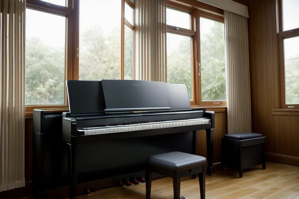 Teclas de piano digital con gafas de lectura, aprendizaje de piano como hobby en un ambiente tranquilo