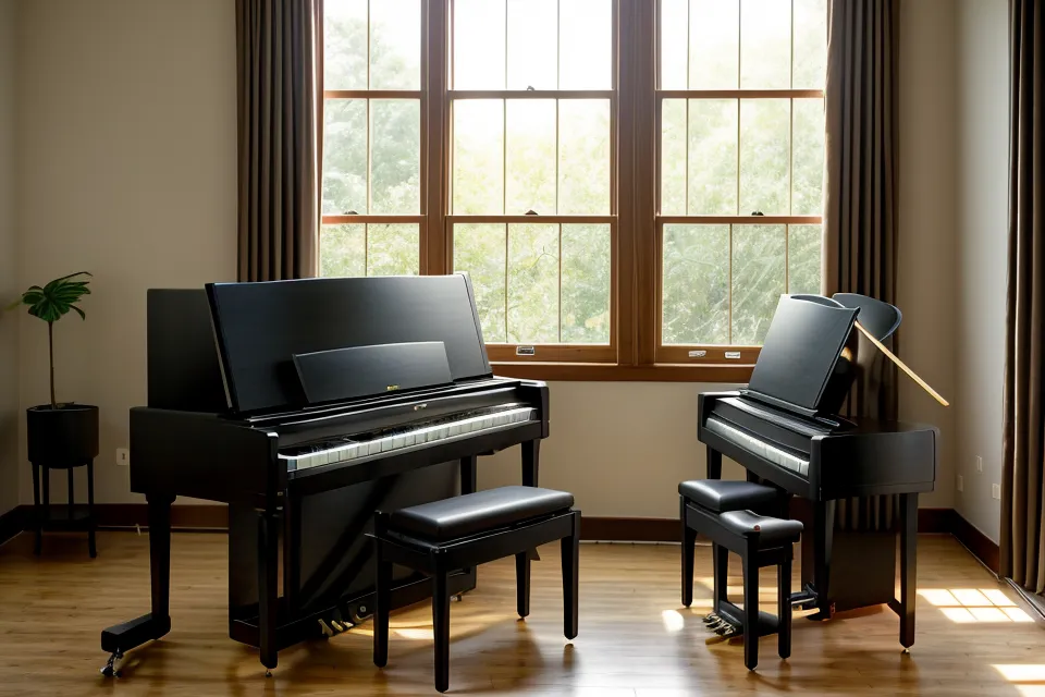 Piano para principiantes con partitura de himnario abierta sobre el teclado en casa