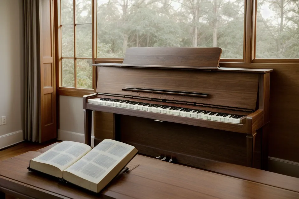 Cómo transportar himnos cristianos a tonos más fáciles en el piano: manos de una principiante sobre las teclas del Casio CDP-S110 junto a un himnario abierto