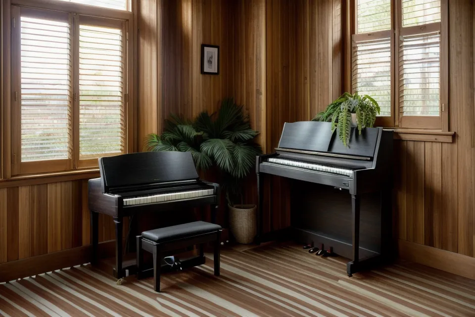 Dedos de una principiante de piano tocando las teclas negras de un piano digital en una tonalidad más cómoda, con la mano relajada