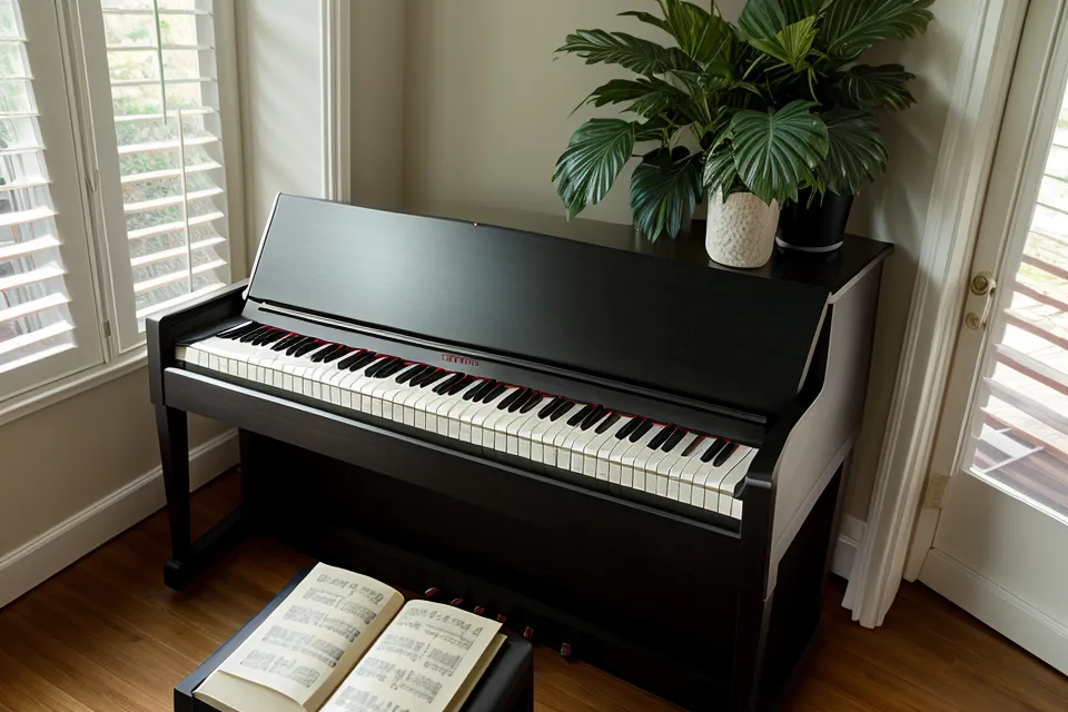 Manos practicando piano autodidacta en casa con un cancionero antiguo sobre un piano digital