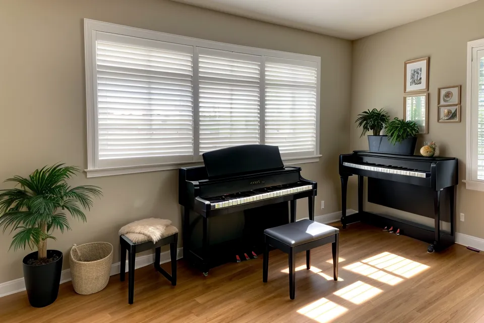Rincón de práctica de piano con el cancionero de himnos abierto