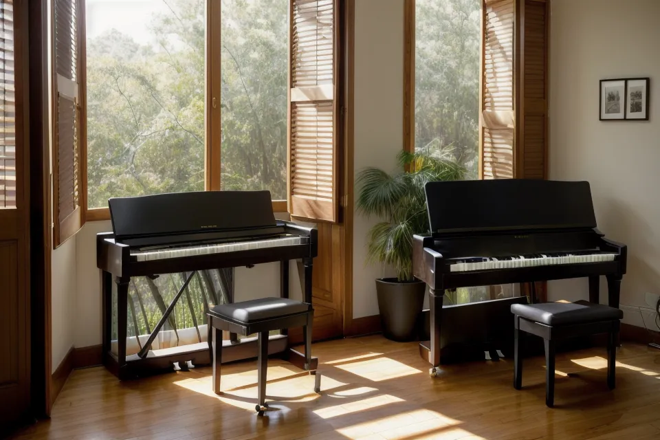 Manos sobre un piano digital practicando interpretación musical y técnicas de escucha con música cristiana