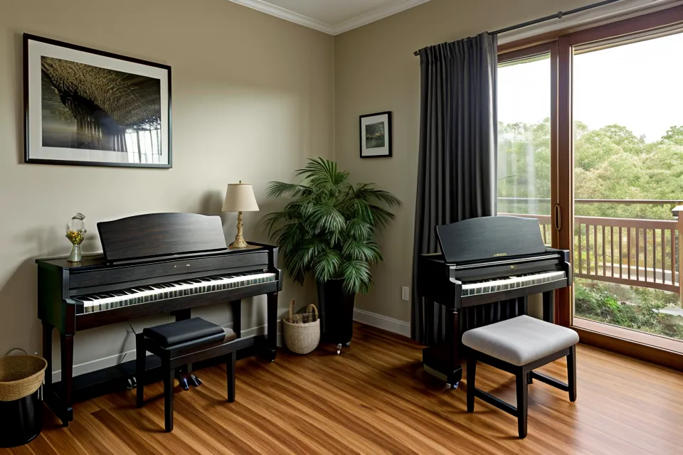 Rincón de práctica de piano en el comedor, relajación muscular después de la sesión de los domingos