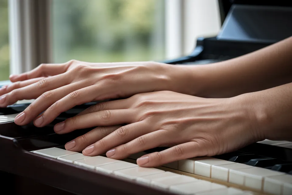 Primer plano de manos sobre las teclas de resina de un piano digital Casio.