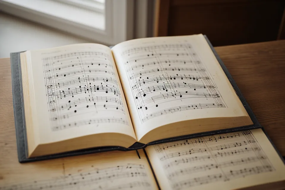 Cancionero de iglesia abierto sobre el atril del piano con un lápiz al lado.