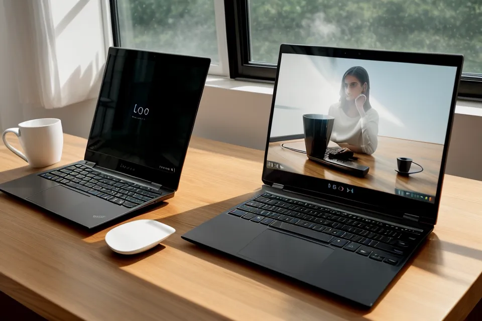 Computador con curso de piano abierto junto al teclado y una taza de café.