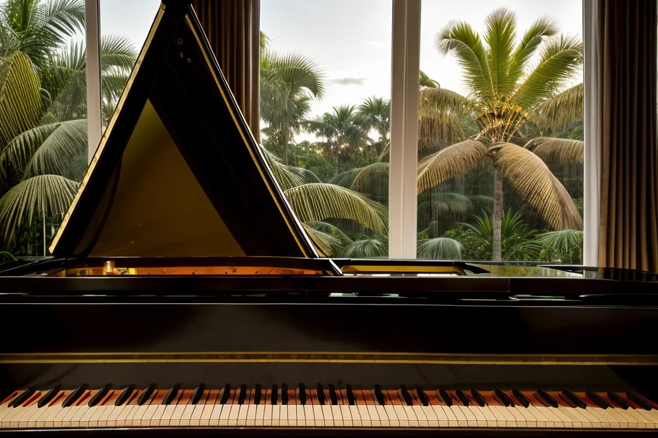Atardecer desde el piano en un apartamento de Cali con un gato descansando.