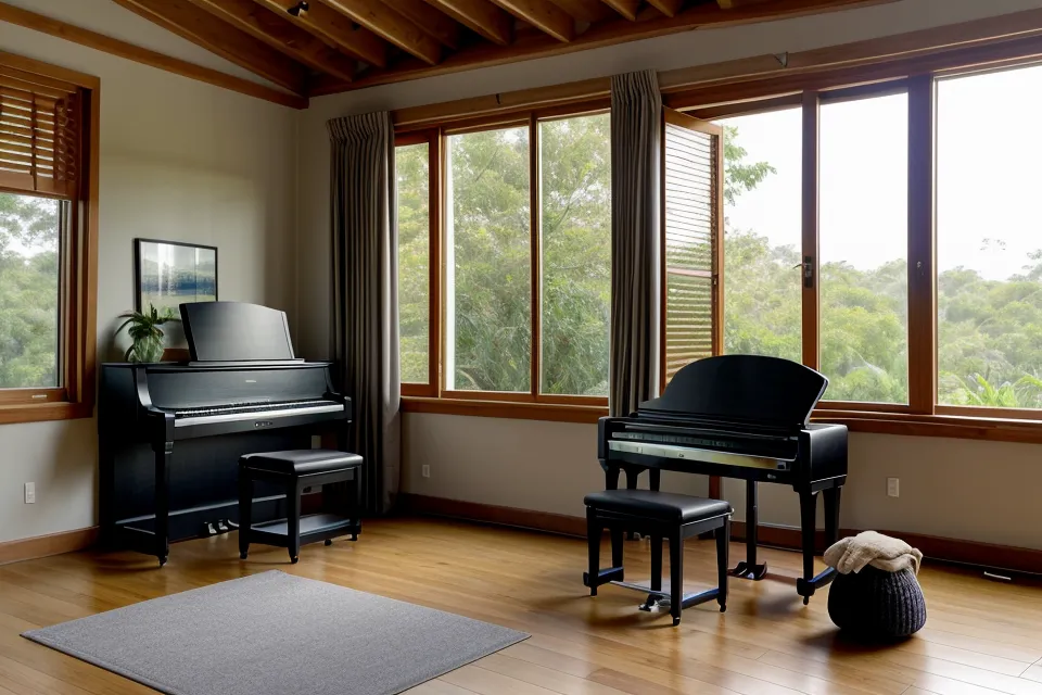 Computadora portátil con un módulo de curso de piano cristiano junto al teclado Casio digital