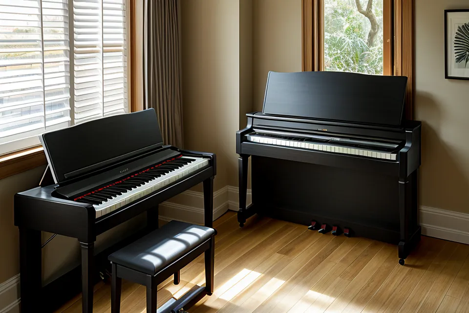 Hojas de método de piano con anotaciones a lápiz, aprendizaje autodidacta paso a paso