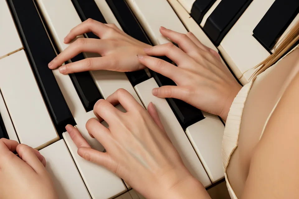 Primer plano de manos relajadas tocando acordes de himnos en un piano digital, ejemplo de técnica de piano para principiantes adultos