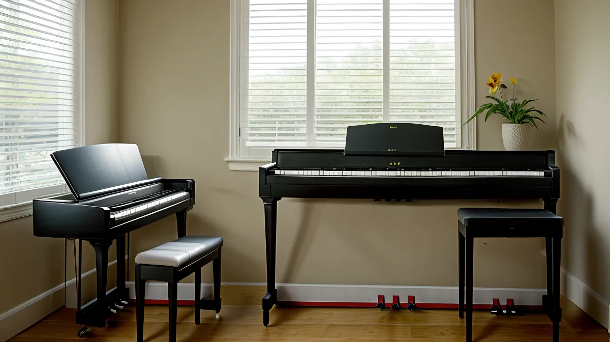 Postura correcta para tocar piano en espacios pequeños, mujer sentada frente a un piano digital junto a la mesa del comedor