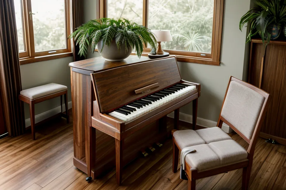 Pedal de resonancia del piano digital en el suelo, parte de la rutina de práctica de una freelancer en casa