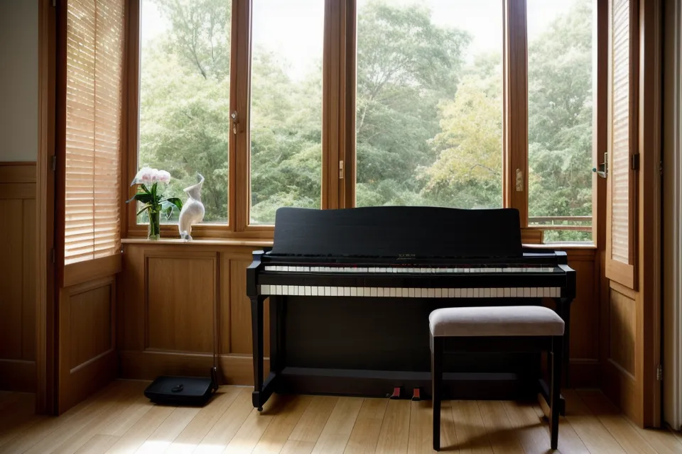 Audífonos sobre el piano digital junto al cancionero cristiano abierto