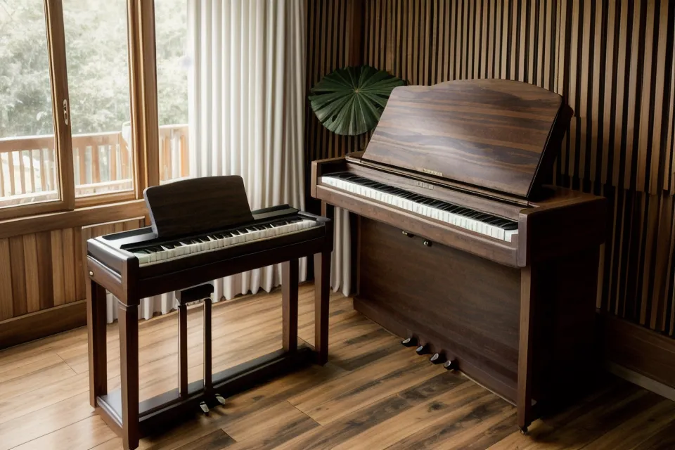 Rincón de práctica de piano digital en un apartamento pequeño de Versalles