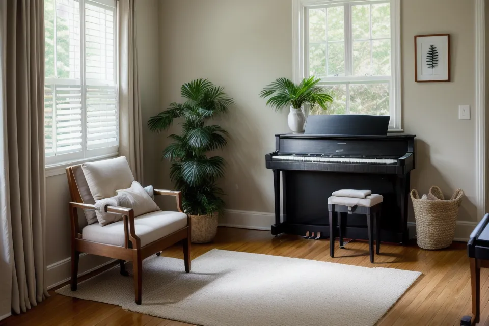 Mano sobre teclas de piano digital con un curso en ebook de fondo, aprendizaje en casa para piano principiantes